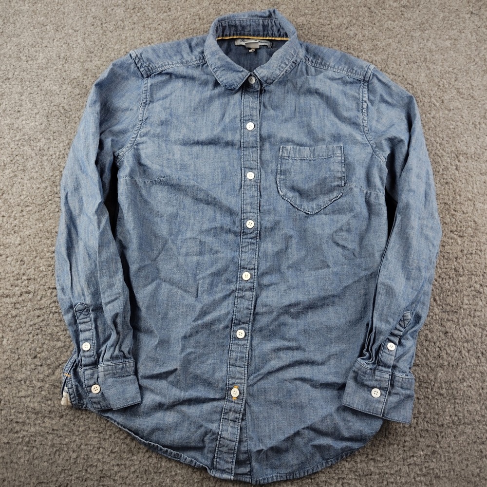 Tommy Bahama Womens XS Blue Cotton Linen Blend Embroidered Floral Chambray Shirt